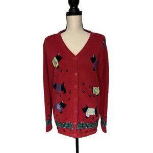 Quacker Factory Cardigan Sweater Red Scottie Dogs Wearing Sweaters Paw Prints L